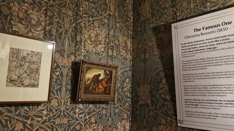 Artwork of Christina Rossetti as a young woman having a tantrum by Dante Gabriel Rossetti in place ready for opening.